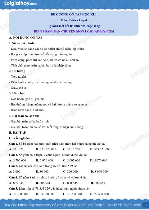 Đề cương ôn tập HK1 Toán 4 Kết nối tri thức có đáp án